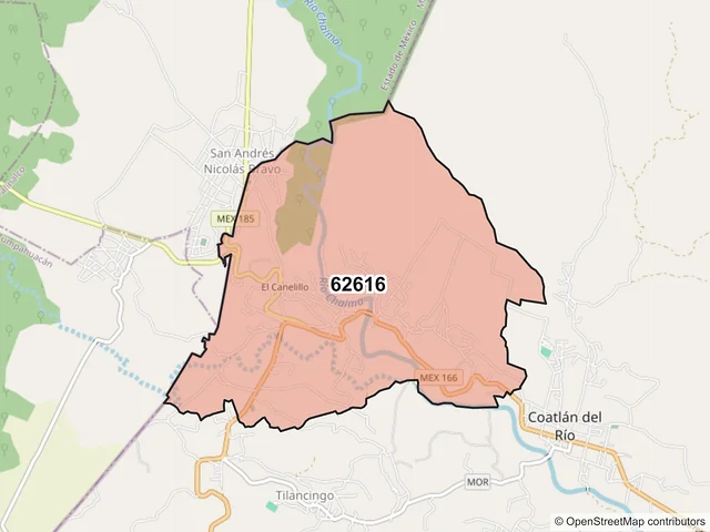 Mapa del código postal 62616, Coatlán del Río, Morelos