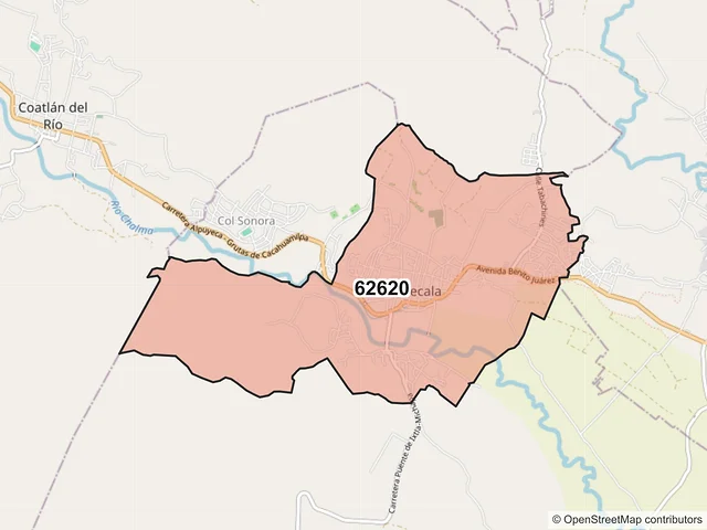 Mapa del código postal 62620, Tetecala, Morelos