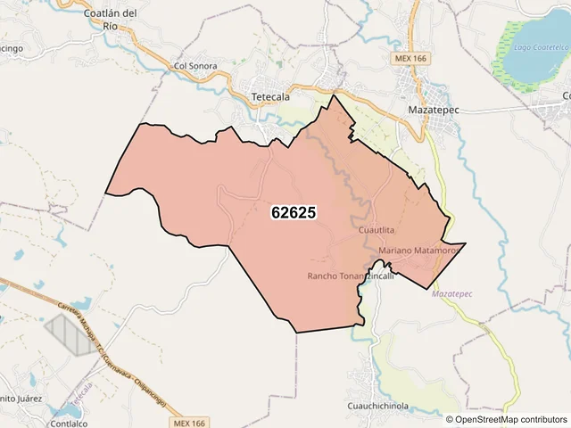 Mapa del código postal 62625, Tetecala, Morelos