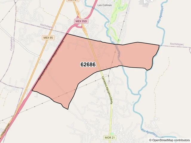 Mapa del código postal 62686, Xoxocotla, Morelos