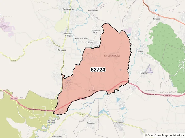 Mapa del código postal 62724, Ayala, Morelos