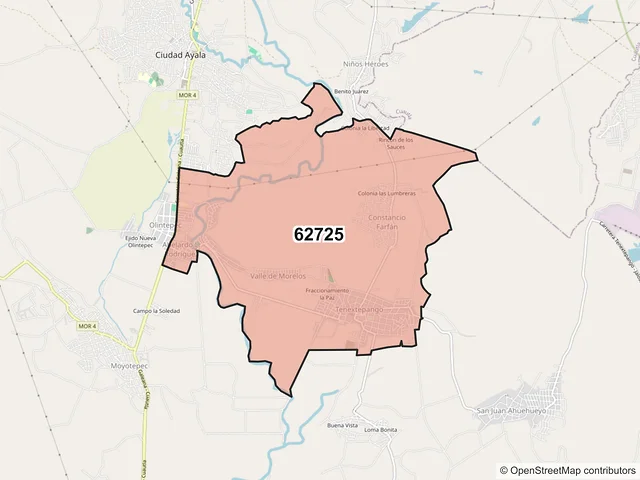 Mapa del código postal 62725, Ayala, Morelos
