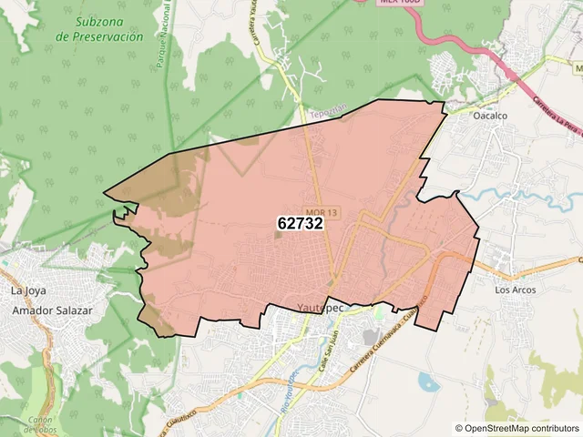 Mapa del código postal 62732, Yautepec, Morelos