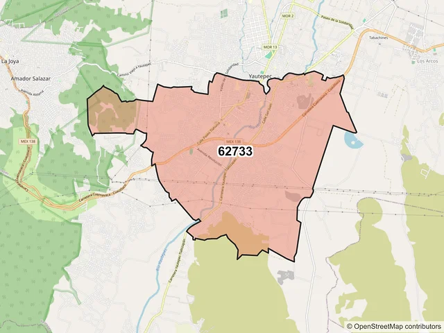 Mapa del código postal 62733, Yautepec, Morelos