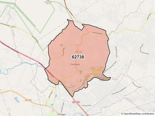 Mapa del código postal 62738, Yautepec, Morelos