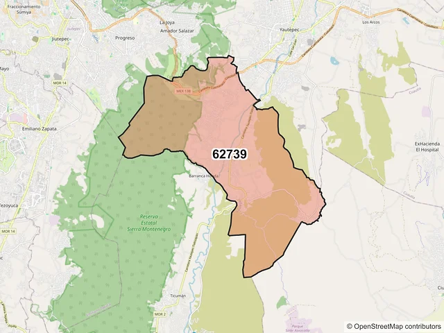 Mapa del código postal 62739, Yautepec, Morelos