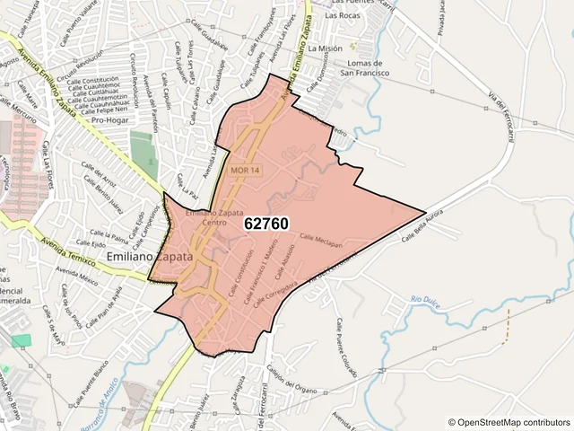 Mapa del código postal 62760, Emiliano Zapata, Morelos