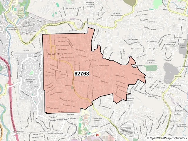 Mapa del código postal 62763, Emiliano Zapata, Morelos