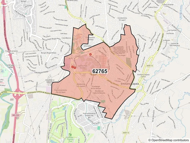 Mapa del código postal 62765, Emiliano Zapata, Morelos