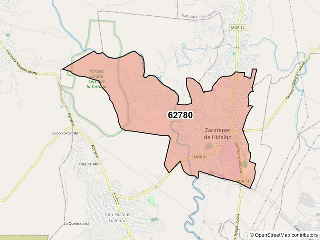 Mapa del código postal 62780, Zacatepec, Morelos