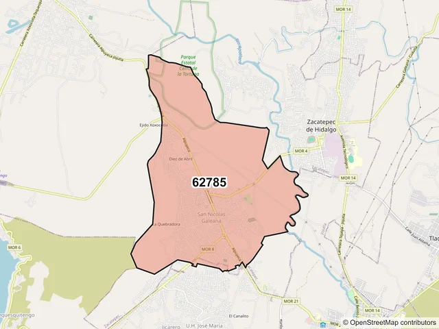 Mapa del código postal 62785, Zacatepec, Morelos