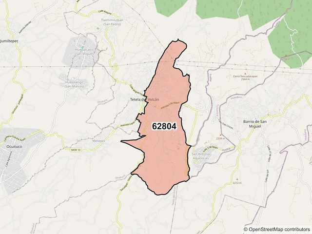 Mapa del código postal 62804, Tetela del Volcán, Morelos