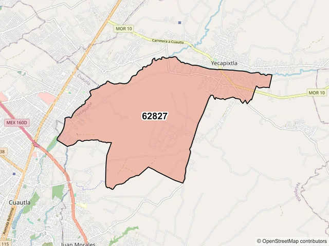 Mapa del código postal 62827, Yecapixtla, Morelos