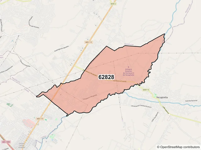 Mapa del código postal 62828, Yecapixtla, Morelos