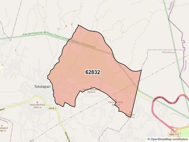 Mapa del código postal 62832, Totolapan, Morelos