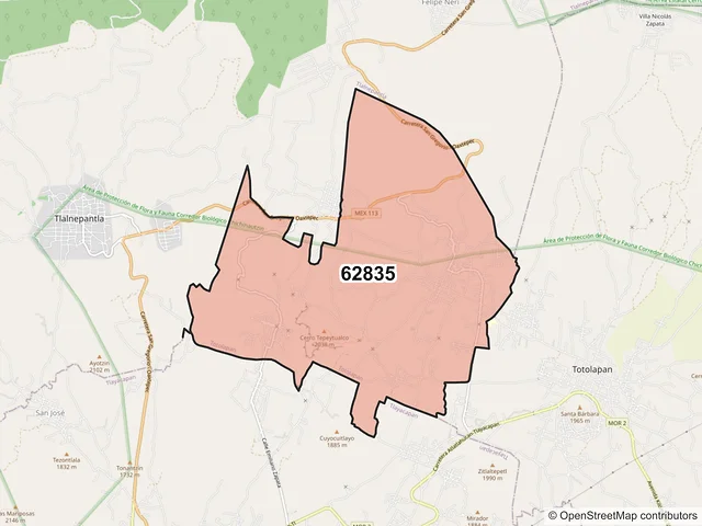 Mapa del código postal 62835, Totolapan, Morelos