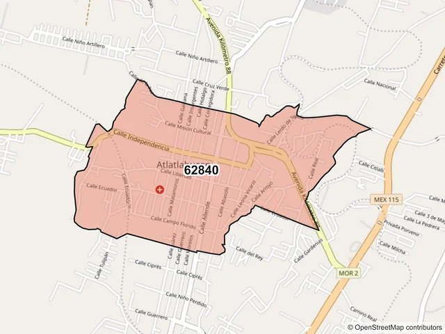 Mapa del código postal 62840, Atlatlahucan, Morelos