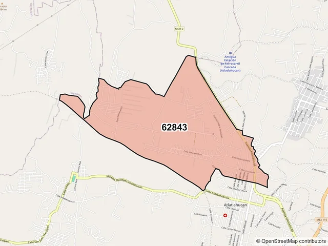 Mapa del código postal 62843, Atlatlahucan, Morelos