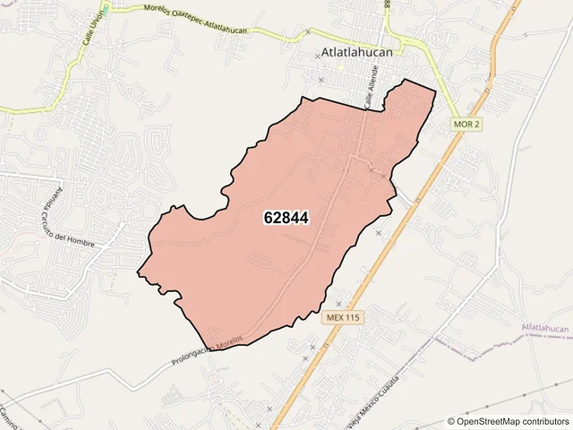 Mapa del código postal 62844, Atlatlahucan, Morelos