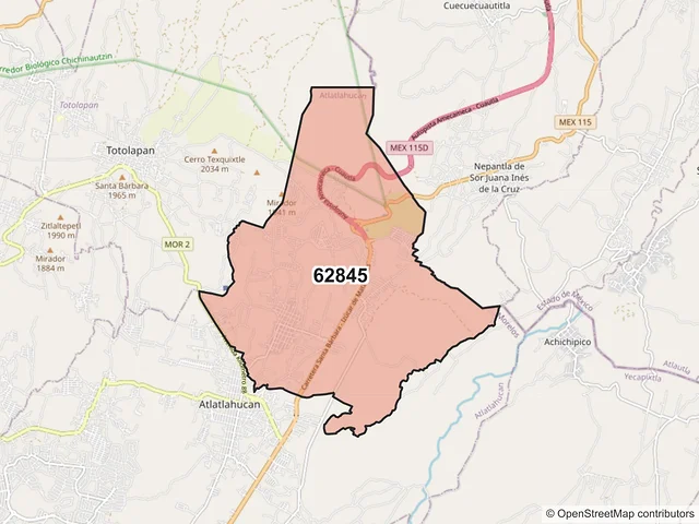Mapa del código postal 62845, Atlatlahucan, Morelos