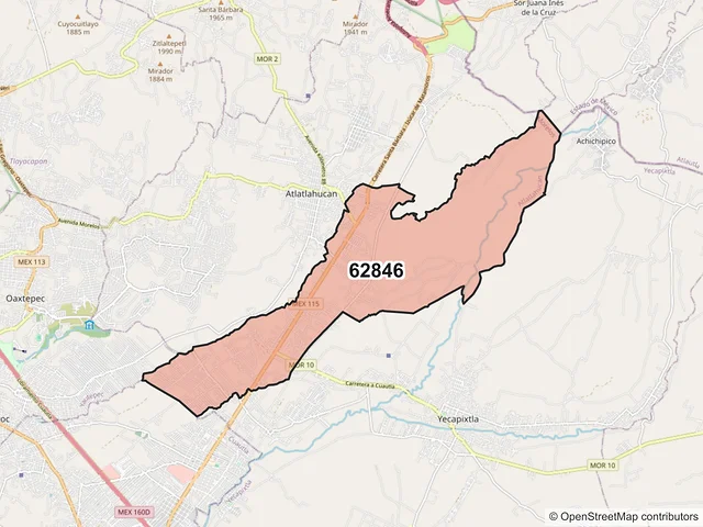 Mapa del código postal 62846, Atlatlahucan, Morelos