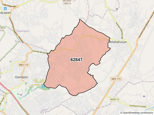 Mapa del código postal 62847, Atlatlahucan, Morelos