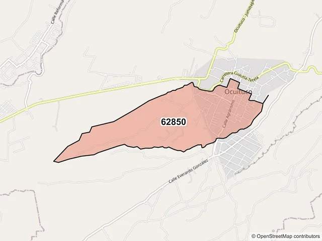 Mapa del código postal 62850, Ocuituco, Morelos