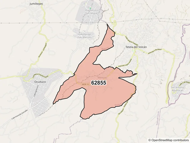 Mapa del código postal 62855, Ocuituco, Morelos