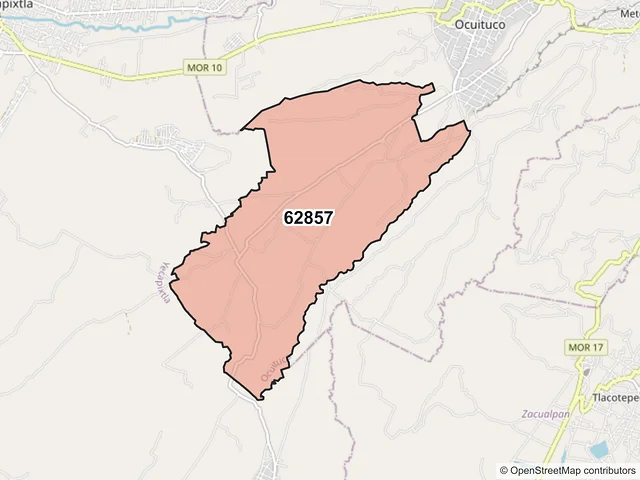 Mapa del código postal 62857, Ocuituco, Morelos
