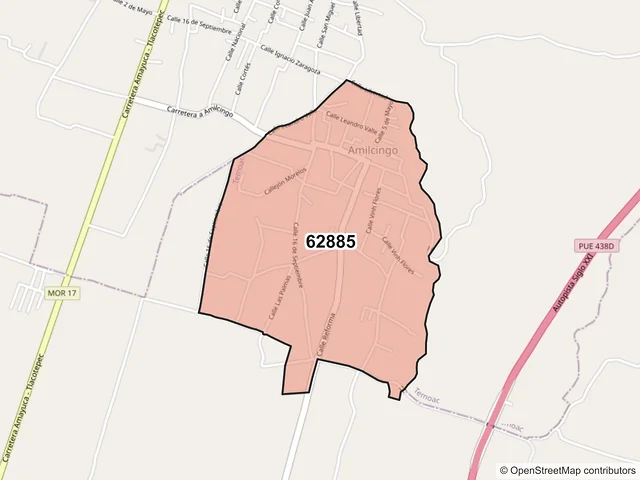 Mapa del código postal 62885, Temoac, Morelos