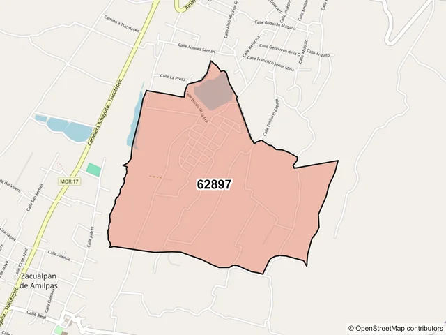 Mapa del código postal 62897, Zacualpan de Amilpas, Morelos