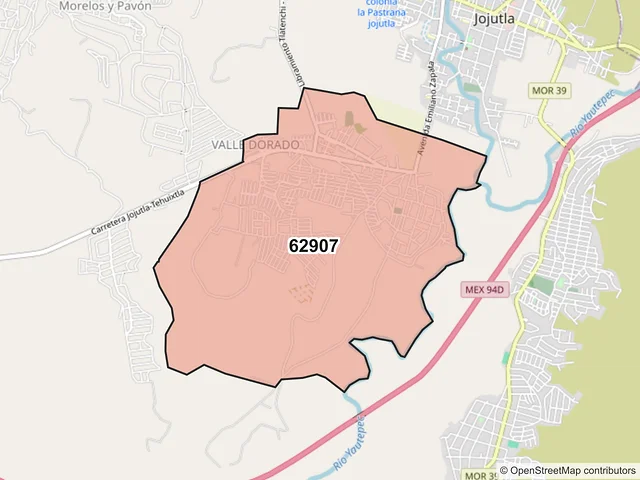 Mapa del código postal 62907, Jojutla, Morelos