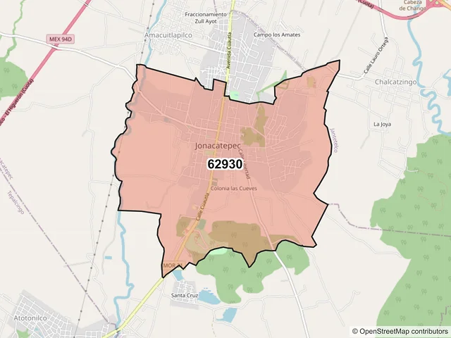 Mapa del código postal 62930, Jonacatepec de Leandro Valle, Morelos