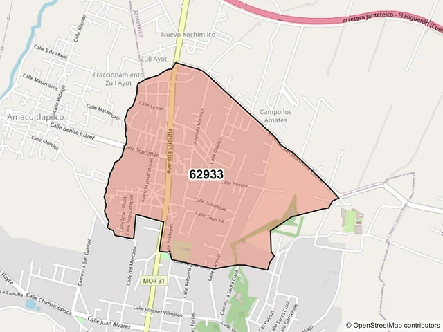 Mapa del código postal 62933, Jonacatepec de Leandro Valle, Morelos