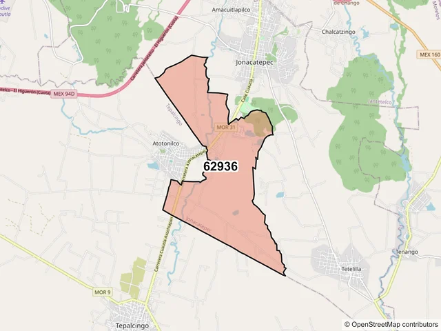 Mapa del código postal 62936, Jonacatepec de Leandro Valle, Morelos