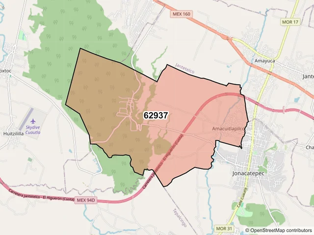 Mapa del código postal 62937, Jonacatepec de Leandro Valle, Morelos