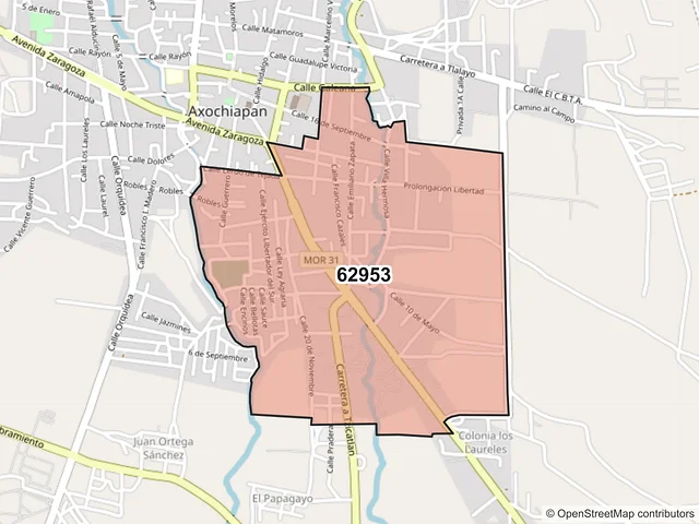 Mapa del código postal 62953, Axochiapan, Morelos