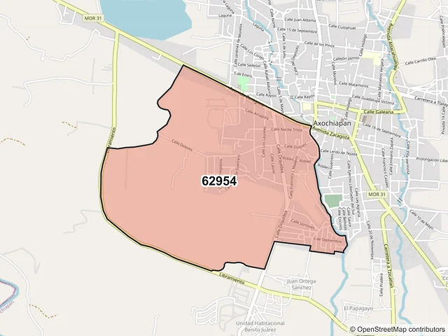 Mapa del código postal 62954, Axochiapan, Morelos