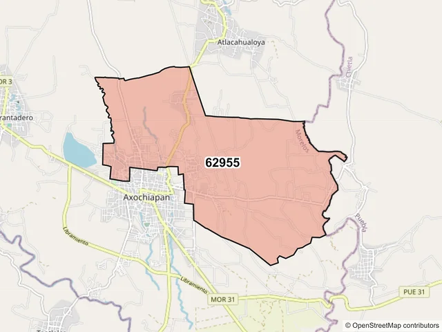 Mapa del código postal 62955, Axochiapan, Morelos