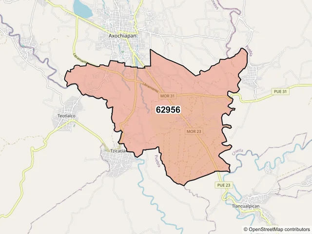 Mapa del código postal 62956, Axochiapan, Morelos