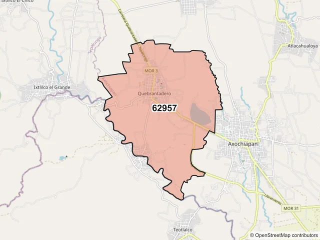 Mapa del código postal 62957, Axochiapan, Morelos