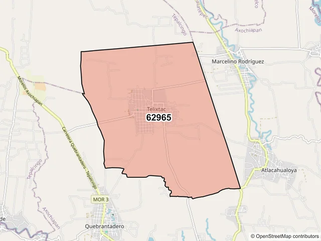 Mapa del código postal 62965, Axochiapan, Morelos