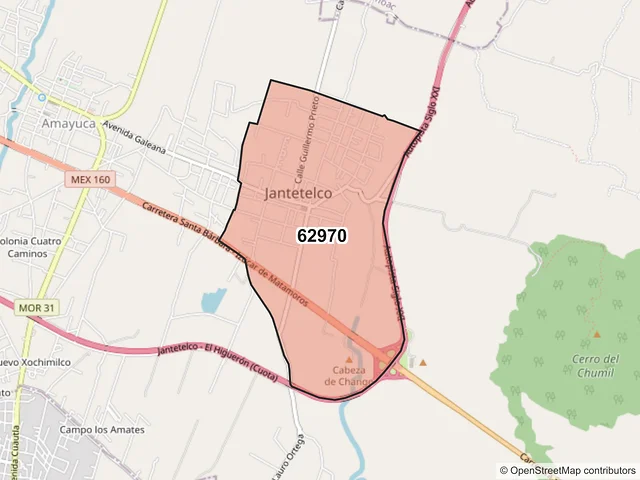 Mapa del código postal 62970, Jantetelco, Morelos