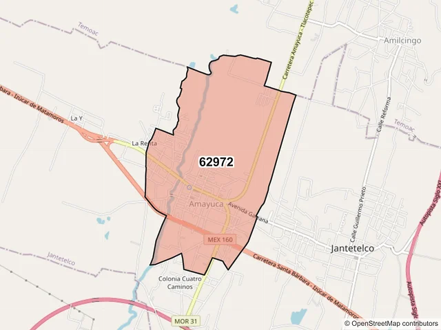 Mapa del código postal 62972, Jantetelco, Morelos