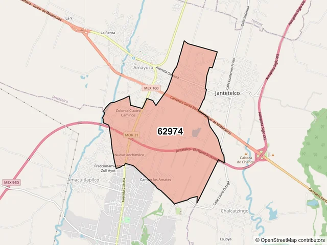 Mapa del código postal 62974, Jantetelco, Morelos