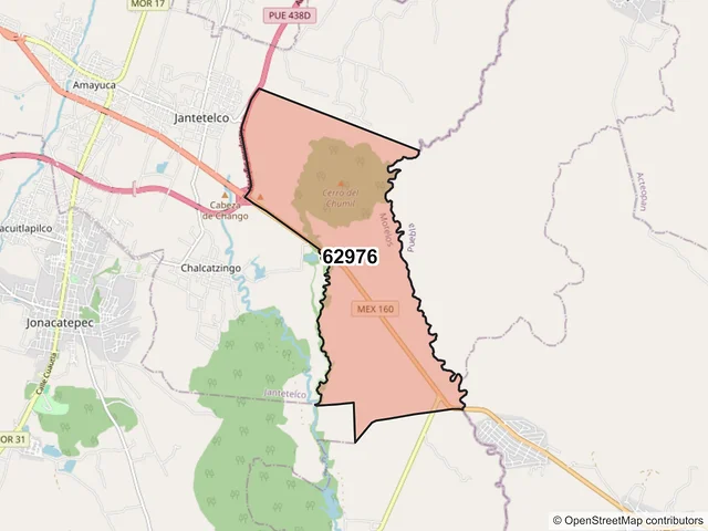 Mapa del código postal 62976, Jantetelco, Morelos