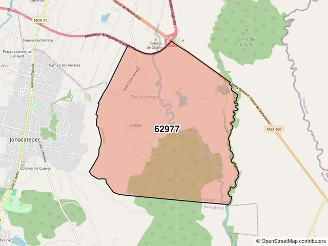 Mapa del código postal 62977, Jantetelco, Morelos