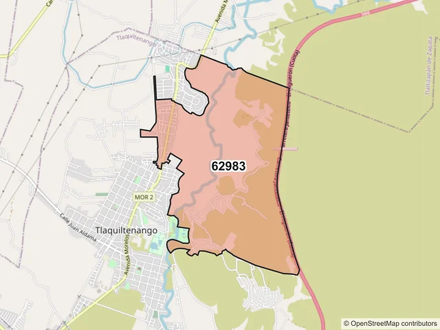 Mapa del código postal 62983, Tlaquiltenango, Morelos