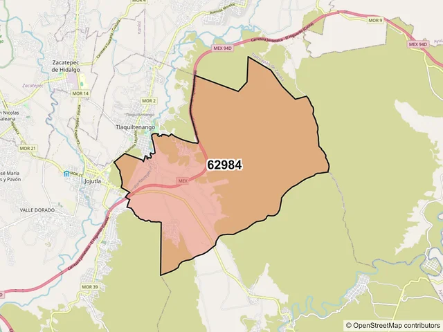 Mapa del código postal 62984, Tlaquiltenango, Morelos
