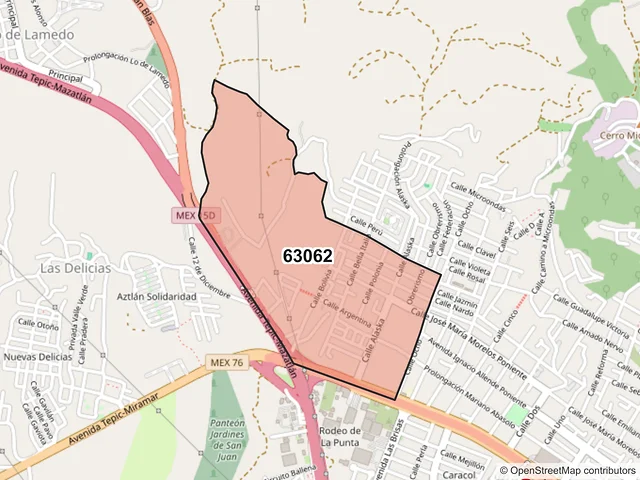 Mapa del código postal 63062, Tepic, Nayarit